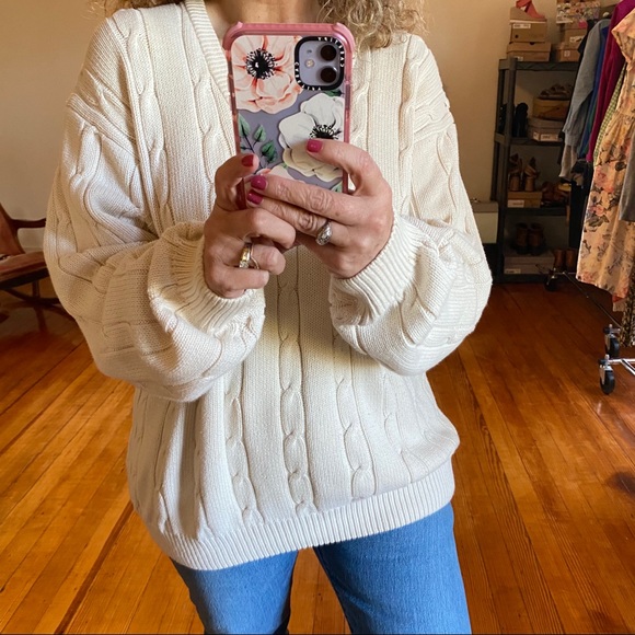 Vintage Sweaters - Vintage Oversized Slouchy Cable Knit Sweater Ivory